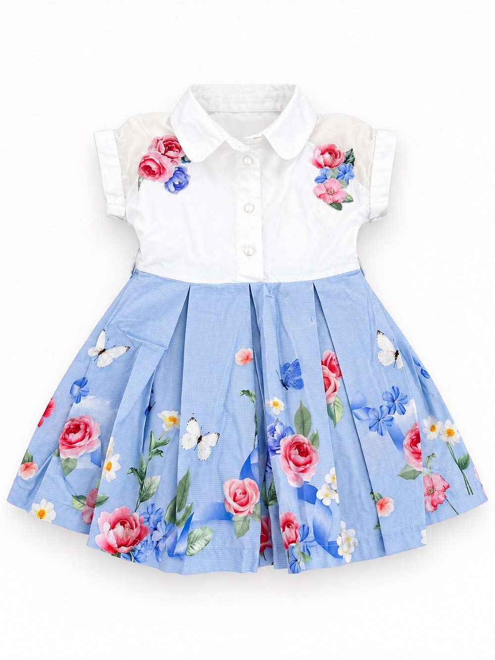 Lapin House Girls Blue Butterfly Floral Dress Size 2Y White Blue Cotton